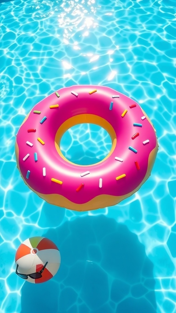 A colorful donut floatie in a pool with icing and sprinkles, surrounded by summer accessories.